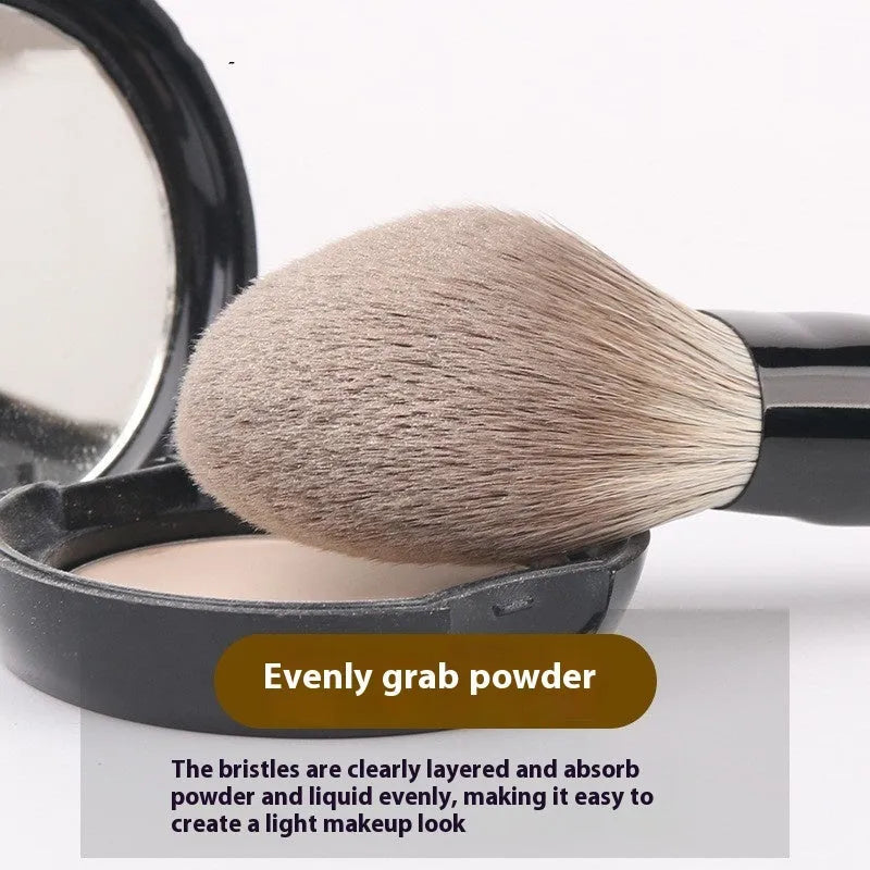 12 makeup brushes with wooden handles in a grey PU storage case, including powder foundation brush