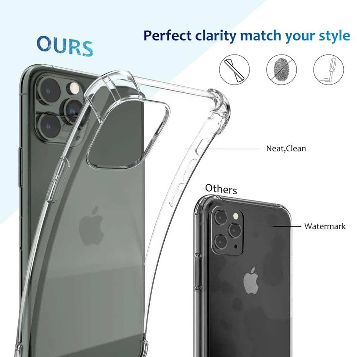 Clear transparent shockproof TPU phone case shown on an iPhone displaying precise button cutouts and port access