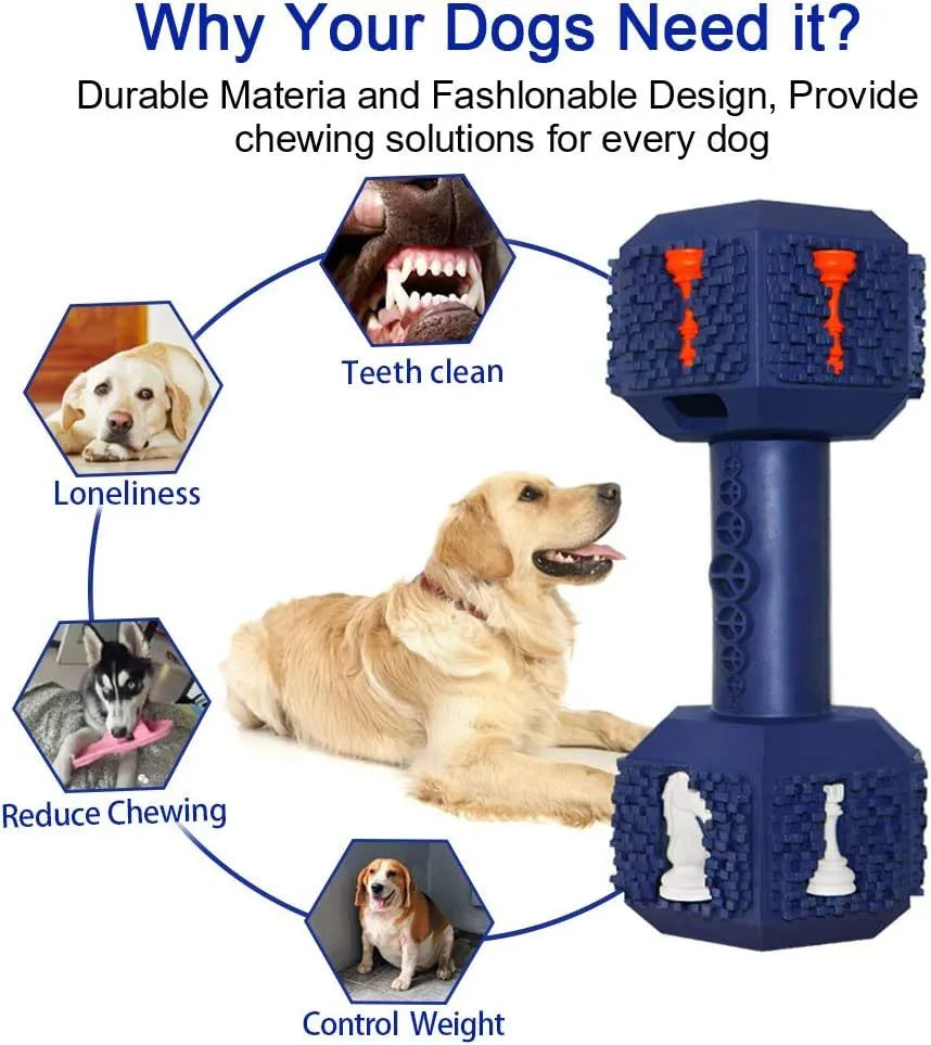 Durable dumbbell-shaped dog chew toy in natural rubber with textured surface
