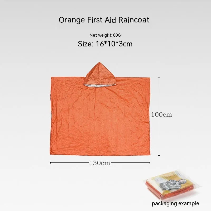 Orange portable disaster relief tent kit with sleeping bag and emergency blanket laid out.