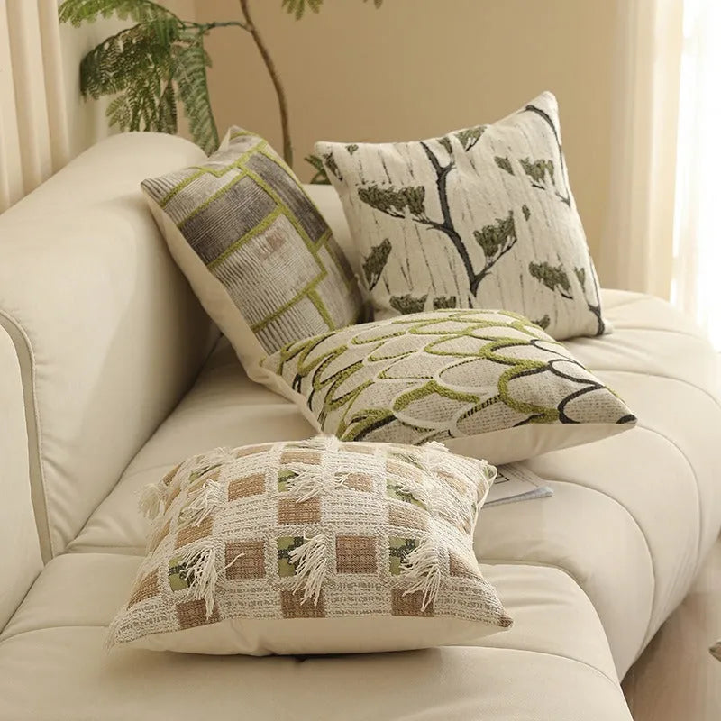 Square 45cm yarn-dyed Jacquard pillow cover with Nordic floral botanical pattern in multiple colour options.