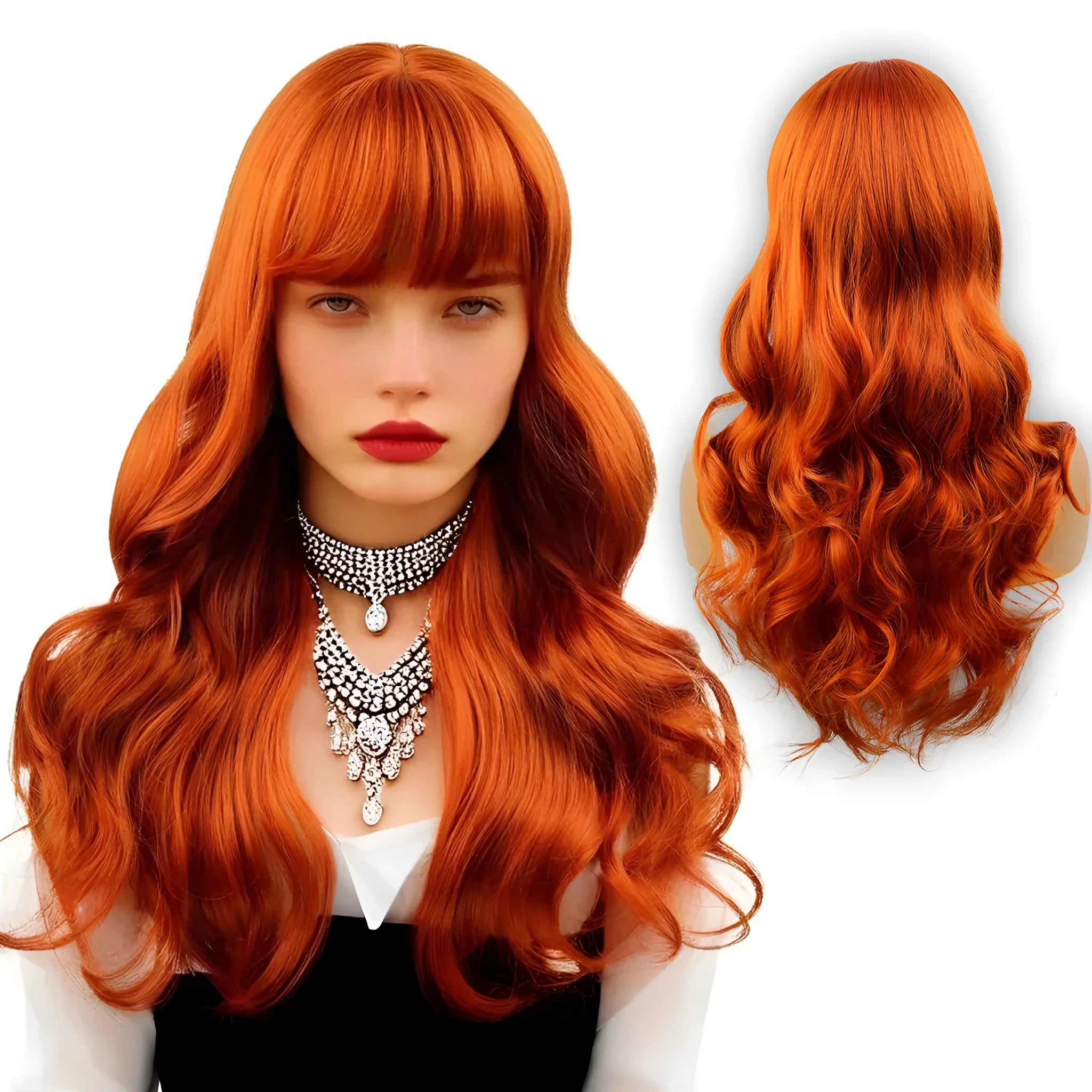 Women's big wavy bangs synthetic wig in orange high temperature fibre natural style