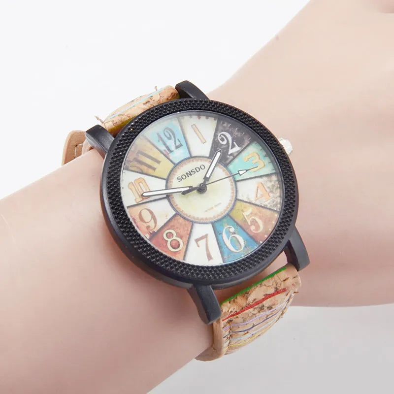 Vintage style leather strap women's quartz watch with 37mm round dial and stainless steel buckle