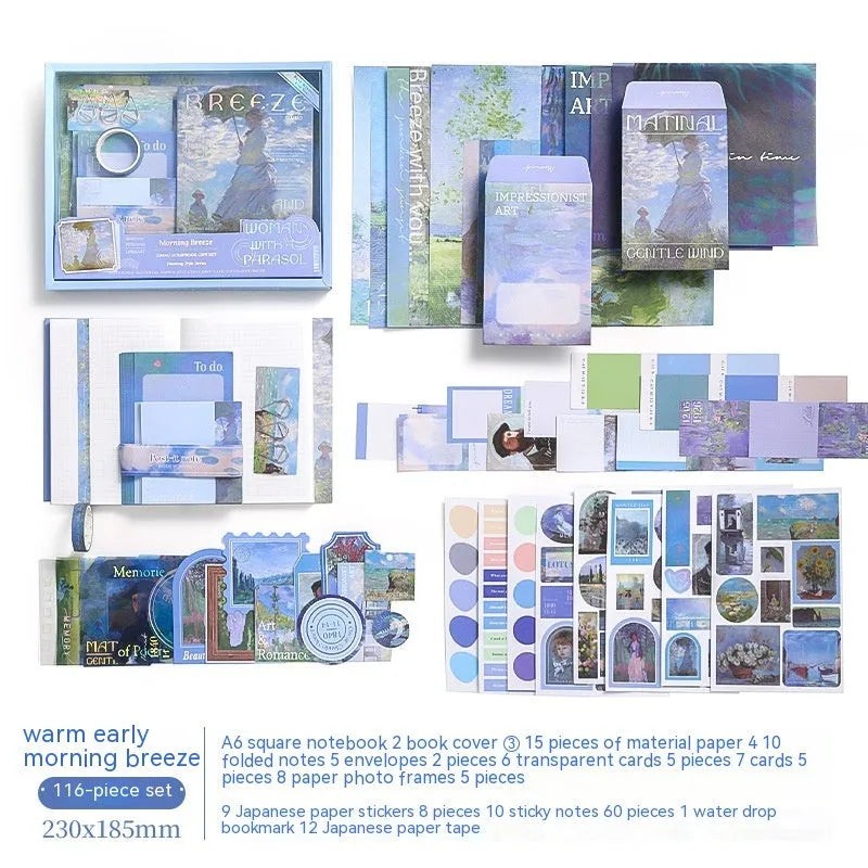 A6 grid creative journal gift box with notebook, decorative papers, cards, stickers, and retro plaid design.