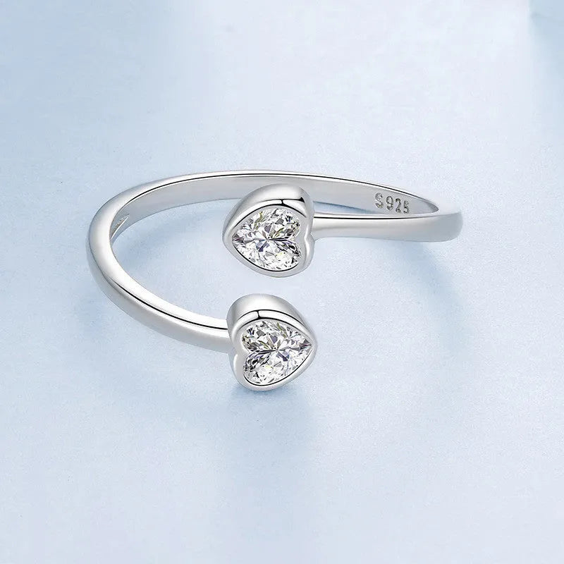S925 sterling silver double heart-shaped open ring for women Valentine gift on plain background