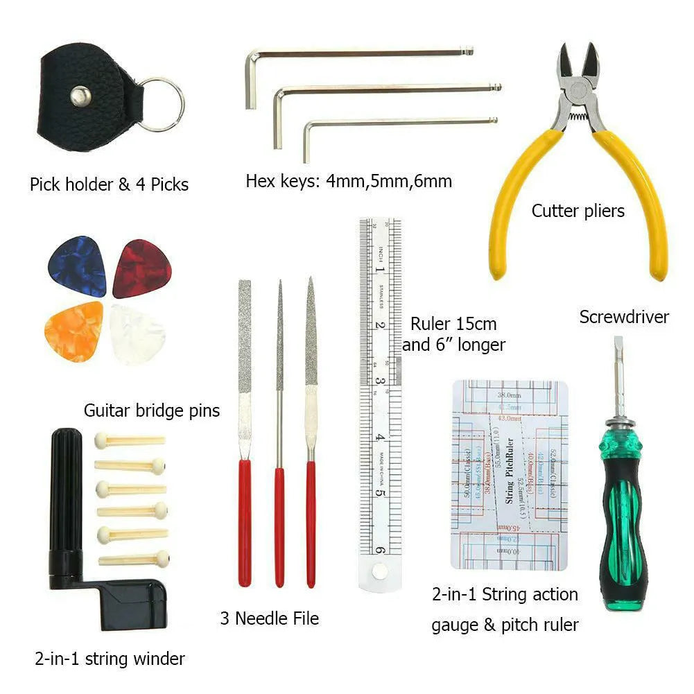 Black plastic and metal guitar repair tool kit case measuring 200mm by 100mm.