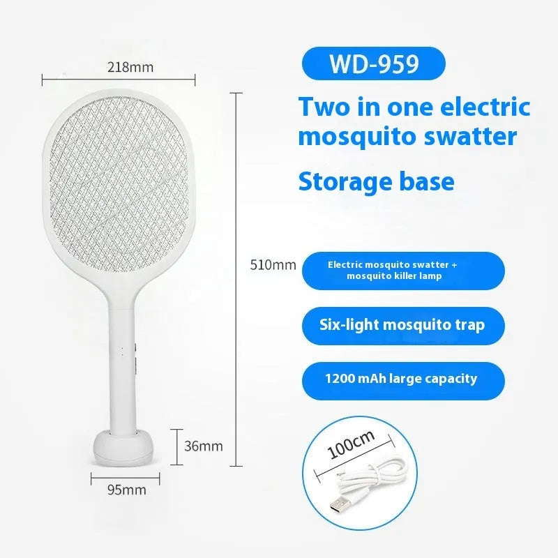 Rechargeable electric mosquito swatter with USB charging port in white or grey ABS plastic housing