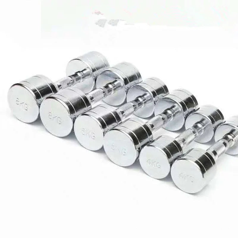 Silver pure steel electroplated dumbbell with ergonomic handle on a grey background.
