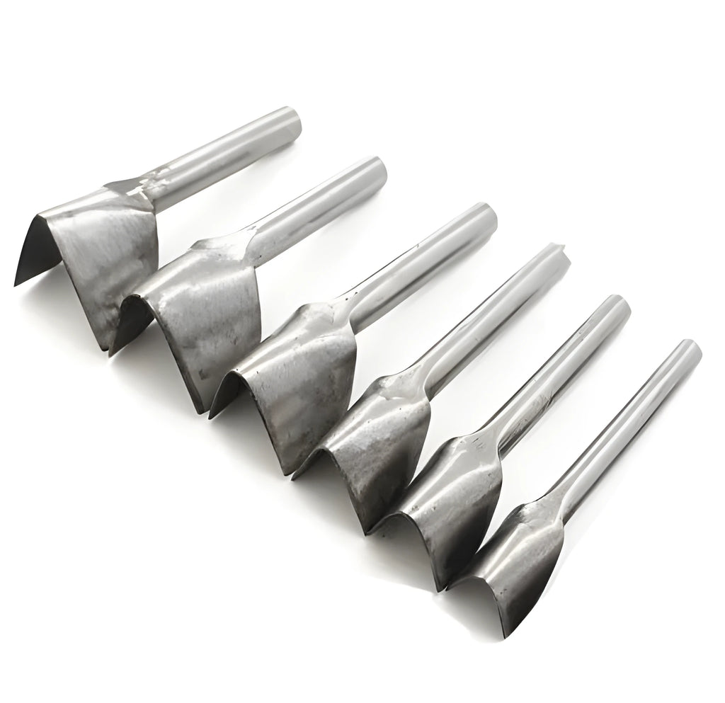Six steel leather craft punch tools showing half-round and V shapes in sizes 15mm to 40mm.