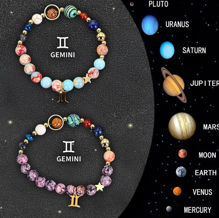 Two natural stone beaded bracelets showing zodiac symbols on an adjustable knotted string.
