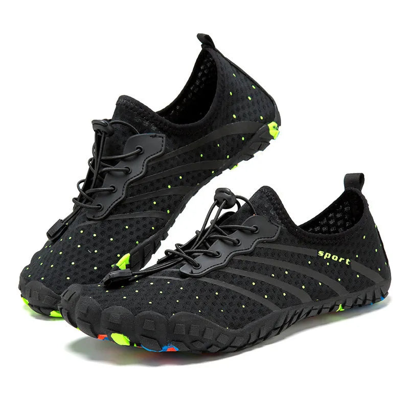 Couple outdoor fitness shoes in army green with mesh upper and rubber sole for beach swimming and hiking