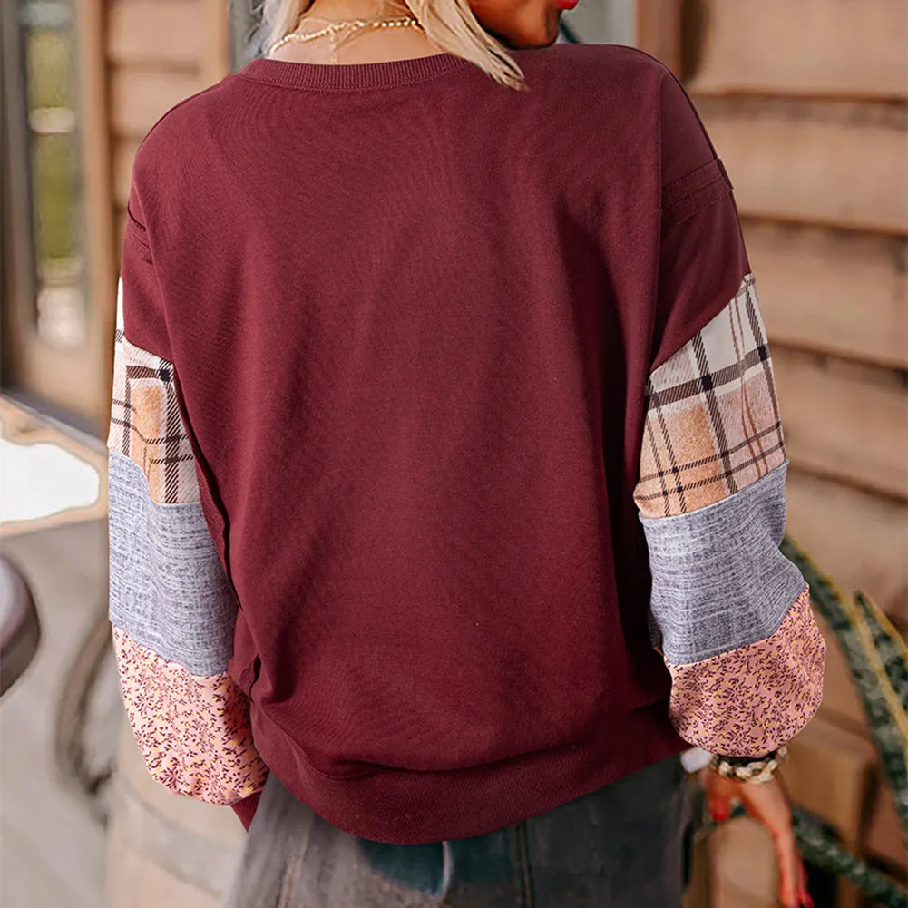 Women's apricot and red plaid stitching long-sleeved polyester top with Japanese-Korean casual style