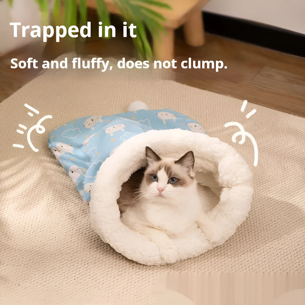 Blue rabbit design and pink trojan design cat sleeping bag nests, each measuring 50cm by 40cm