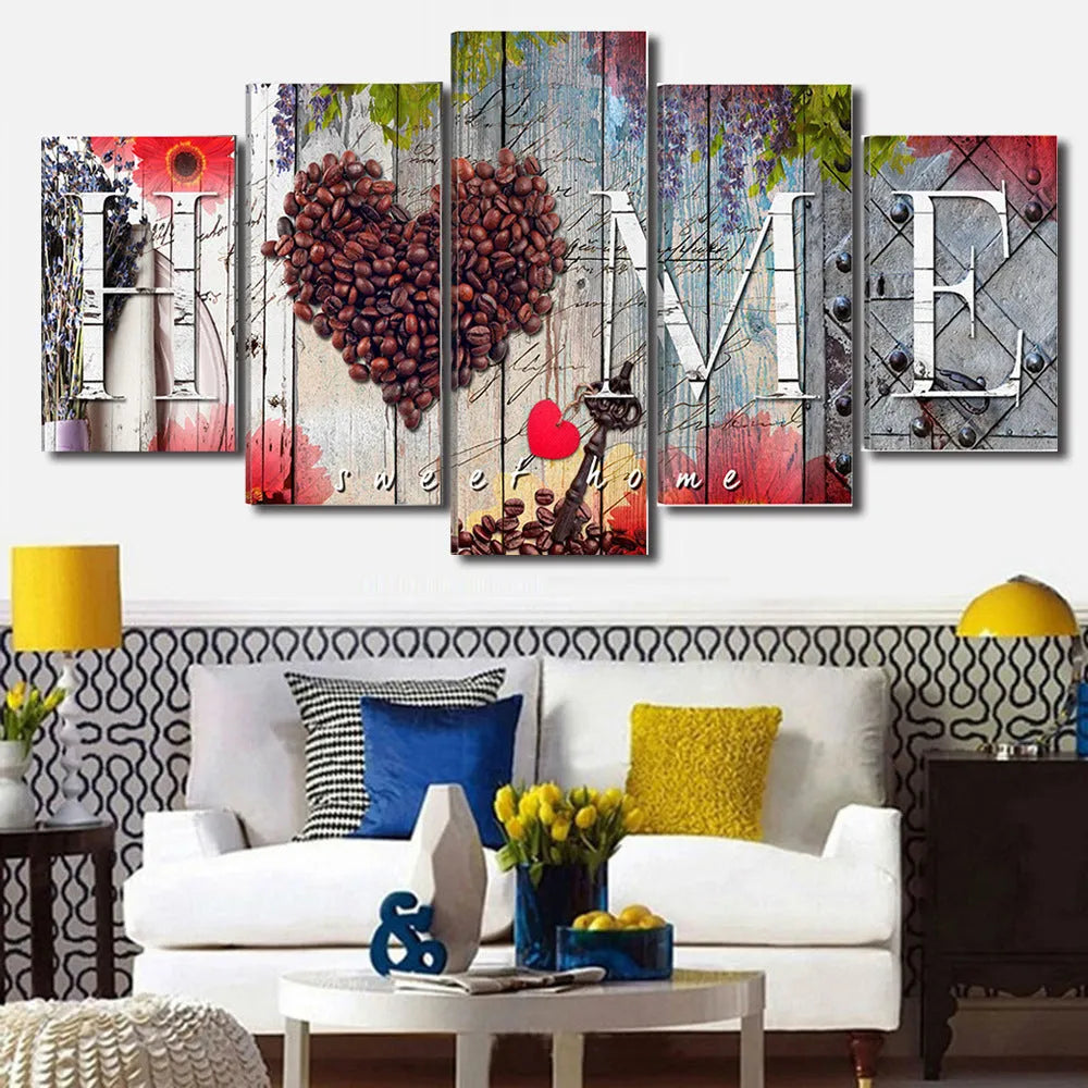 Red oil painting decoration boards in multiple sizes arranged on wall