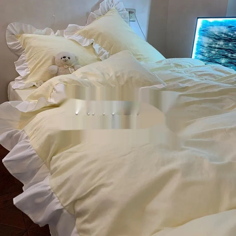 Mori style solid colour linen four-piece bedding set with quilt cover, sheet, and pillowcases.