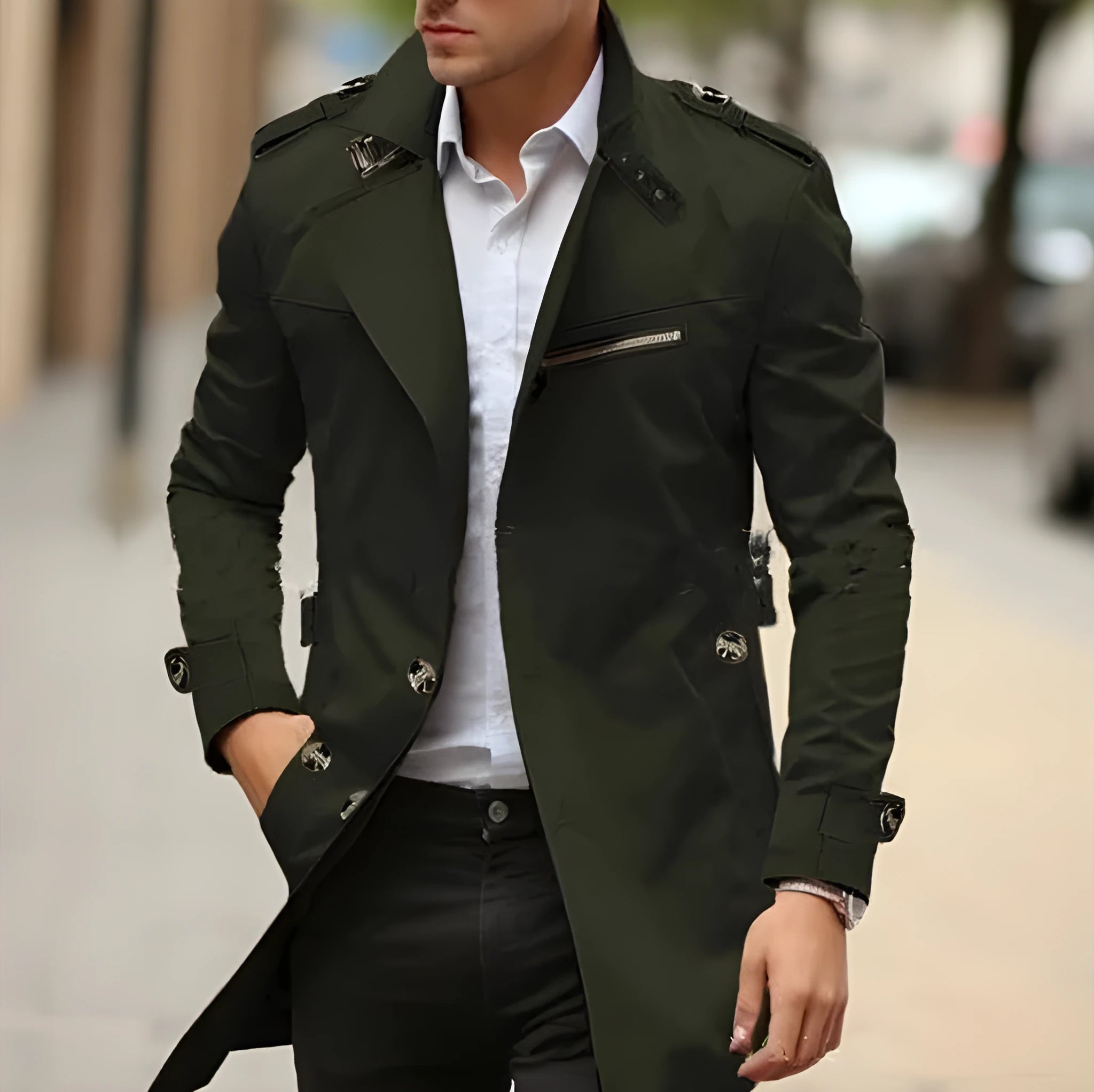 Men's plus size autumn casual jacket with lapel and side seam pockets in army green colour