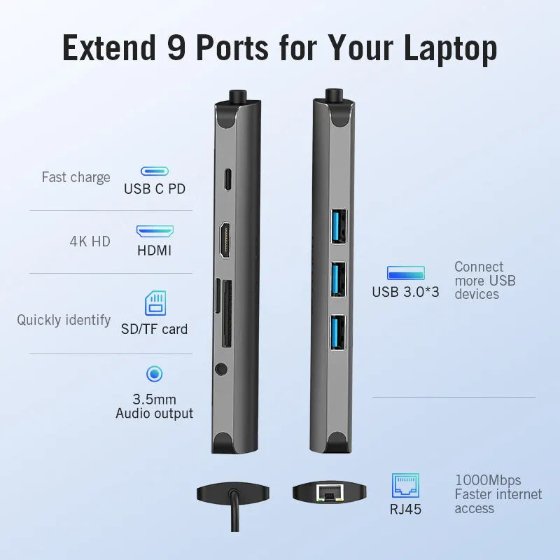 Deep grey USB-C multi-port hub with HDMI, three USB ports, Ethernet, and memory card slots on a desk.
