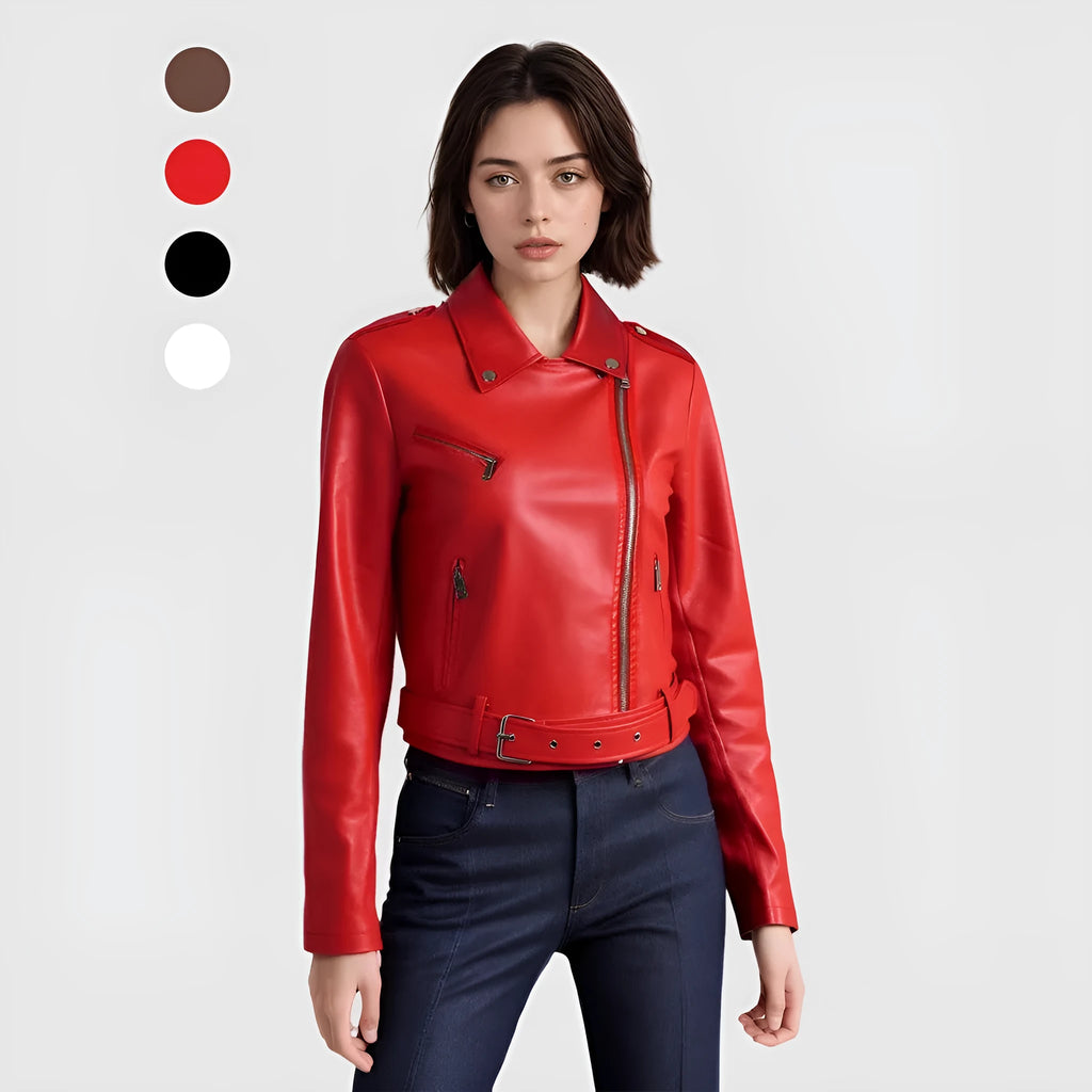 Women's black PU leather motorcycle jacket with lapel collar and decorative belt