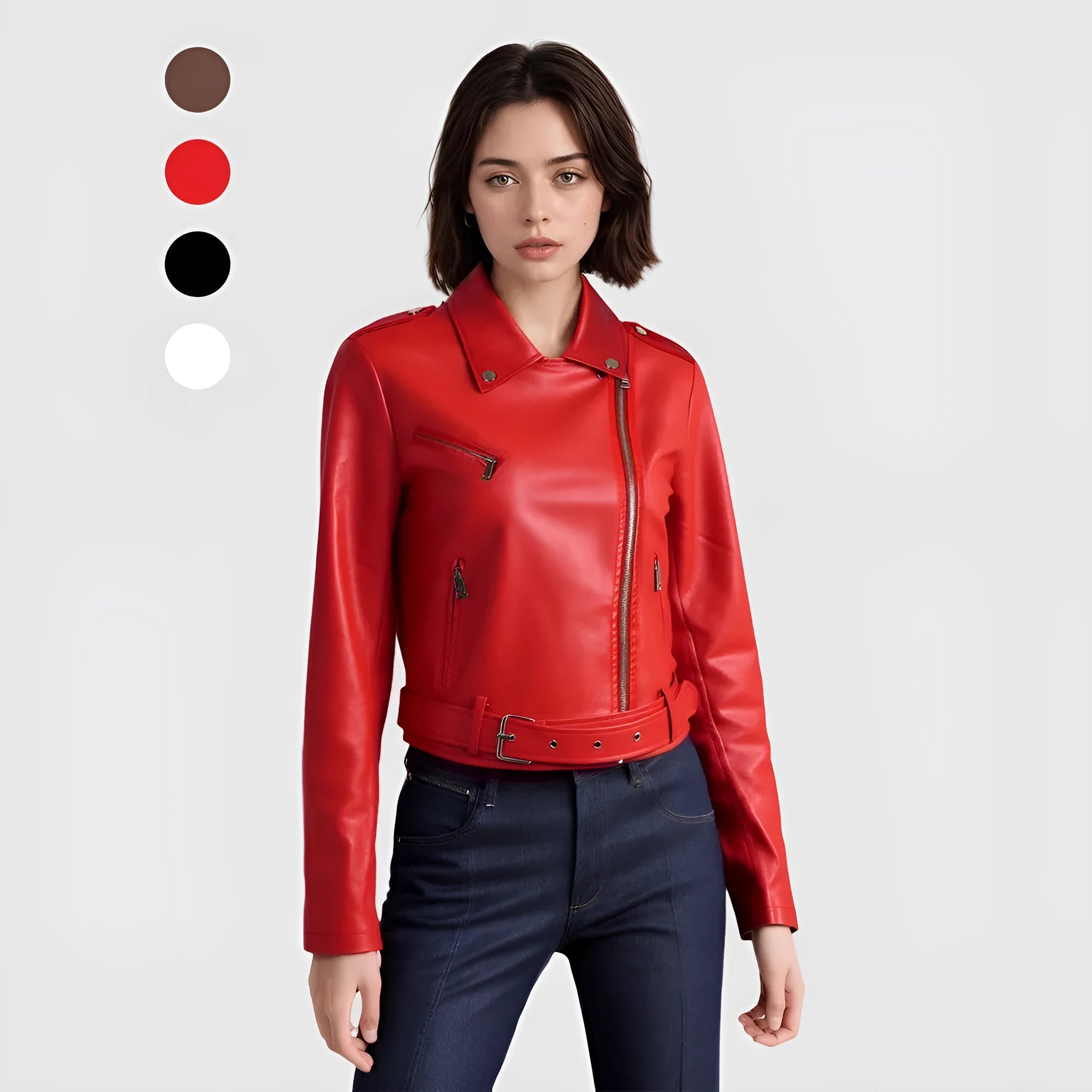 Women's black PU leather motorcycle jacket with lapel collar and decorative belt