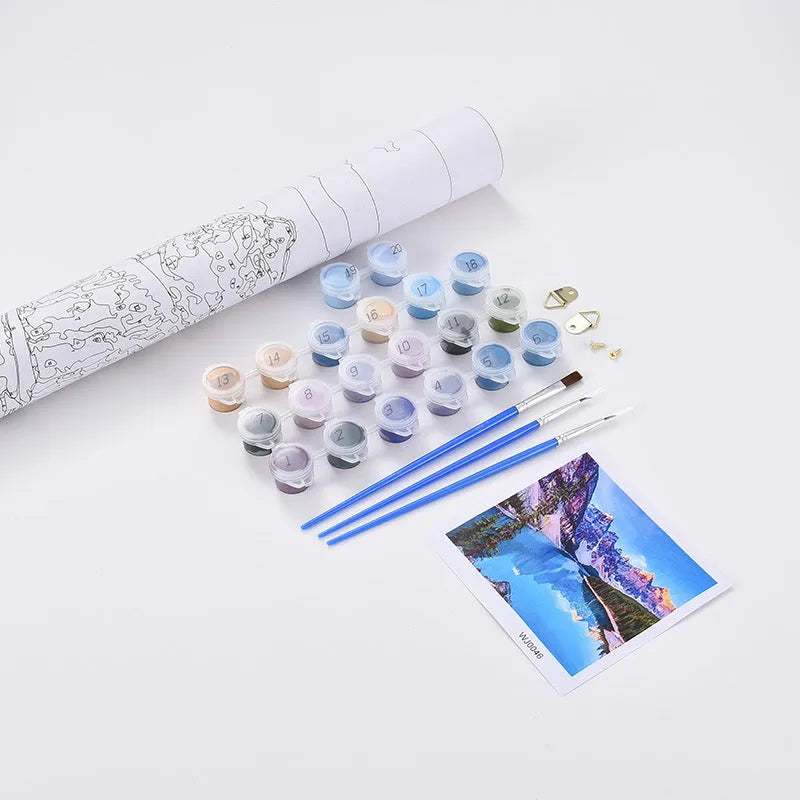 DIY digital oil painting kit showing sea view villa pattern on 40x50cm linen canvas with paints and brushes