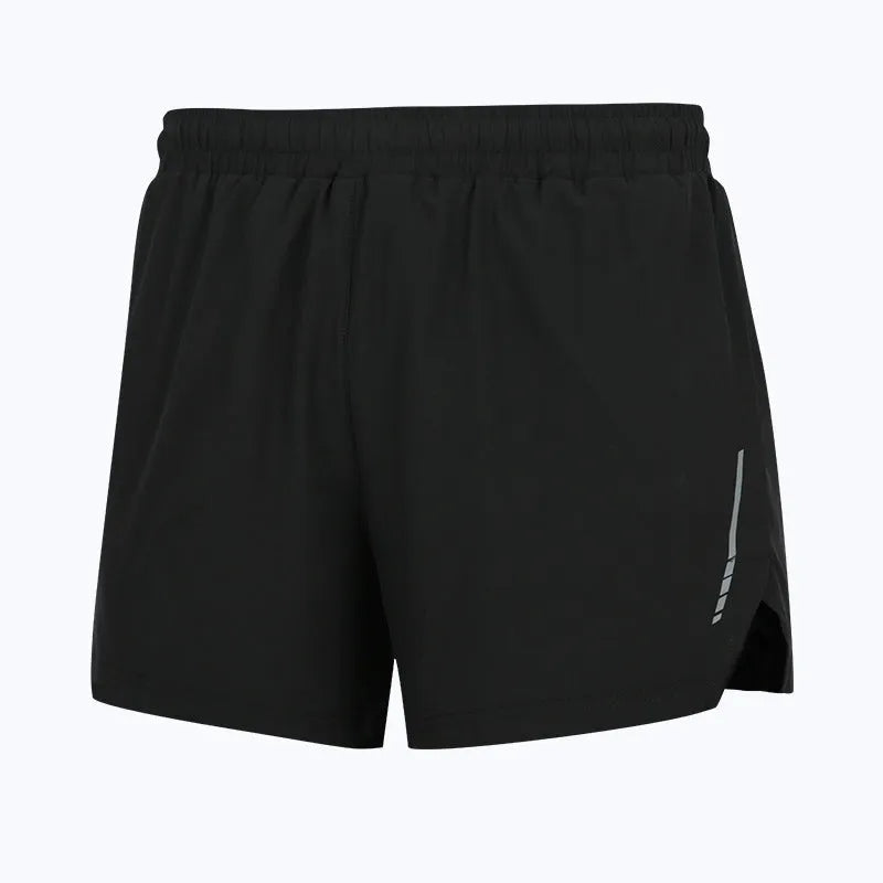 Men's quick-drying polyester marathon running shorts in black, grey, and fluorescent green with straight fit design