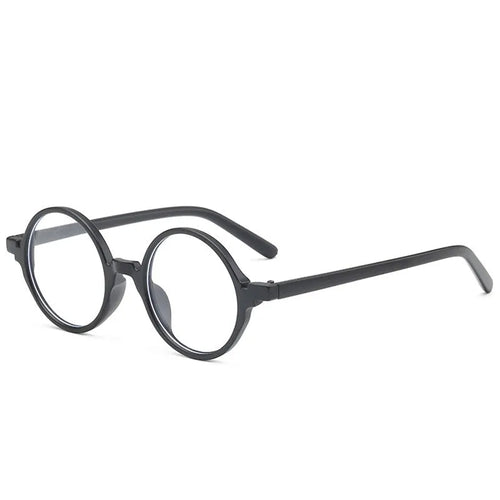 Artistic retro round flat mirror glasses in bright black, sand black, tofu pudding, and transparent grey colour options