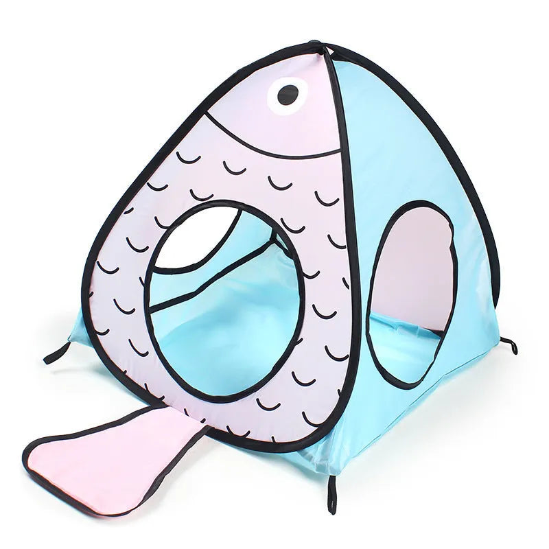 Foldable blue pet tent with cat and fish design for small animals