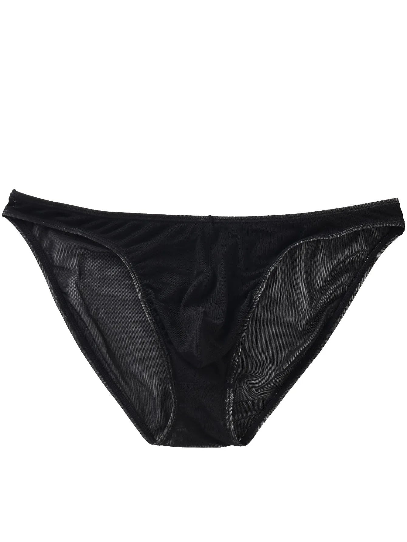 Men's black triangle mid waist nylon shorts laid flat, showing low waist briefs style.