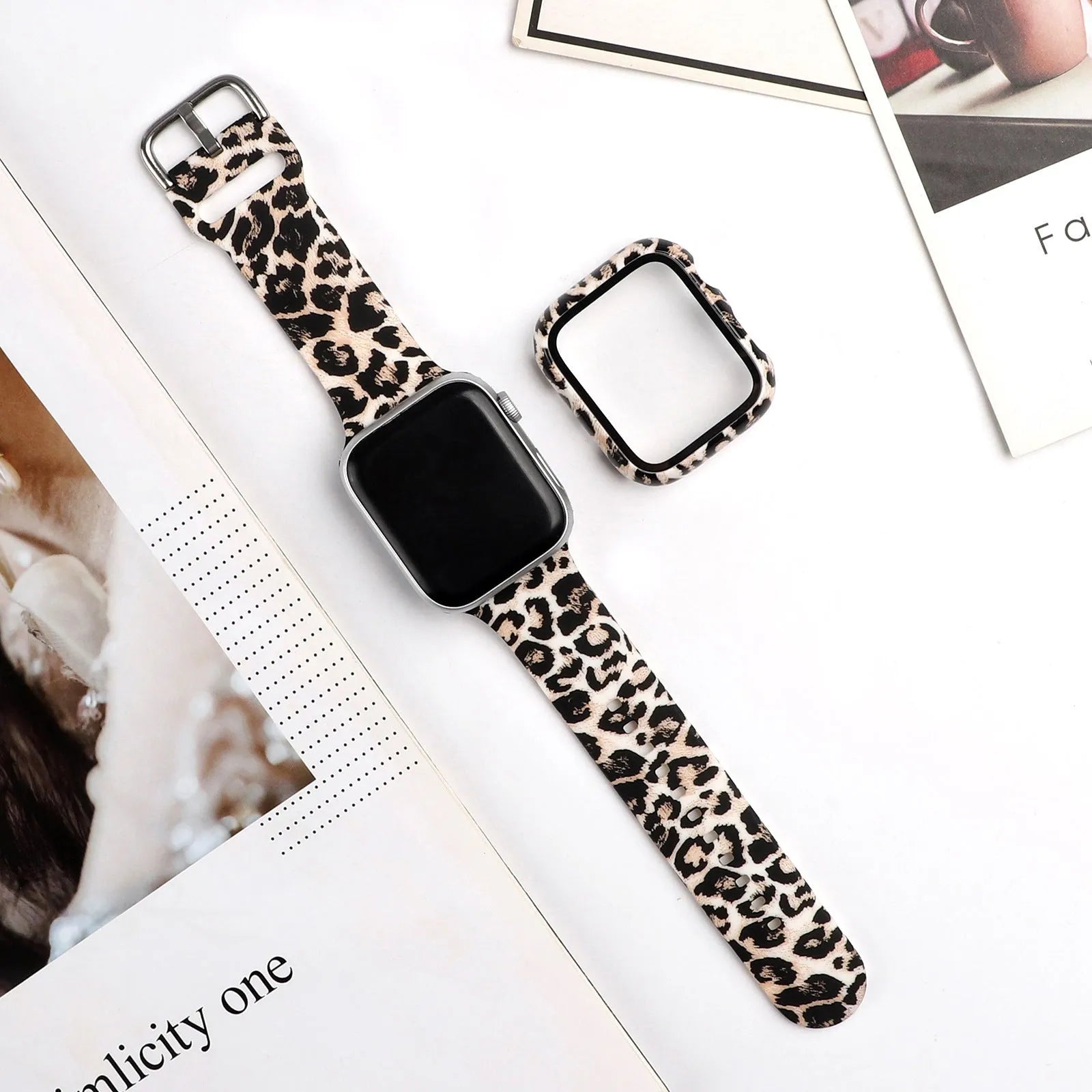 Printed silicone replacement strap for Apple Watch showing design options and 38mm 40mm 42mm 44mm size compatibility.