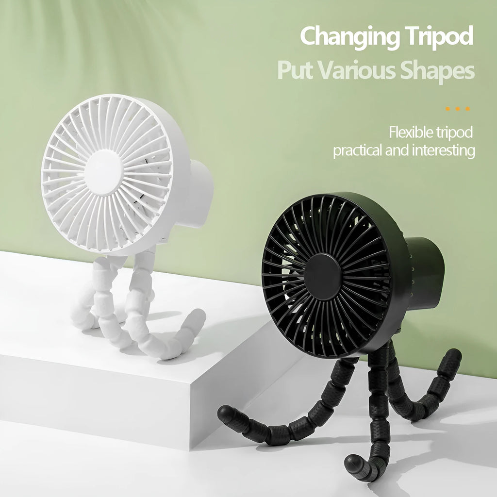 USB rechargeable adjustable tripod desktop fan with flexible neck in black, green, pink, or white