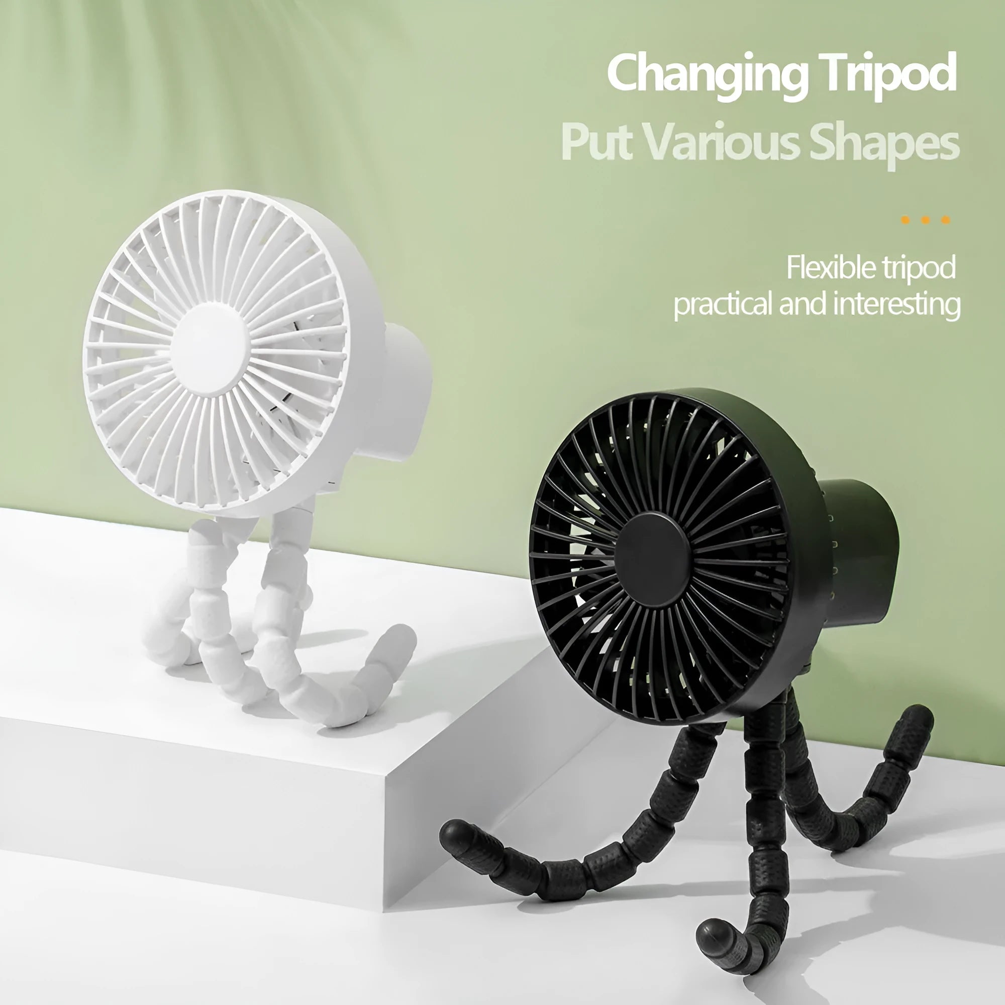 USB rechargeable adjustable tripod desktop fan with flexible neck in black, green, pink, or white