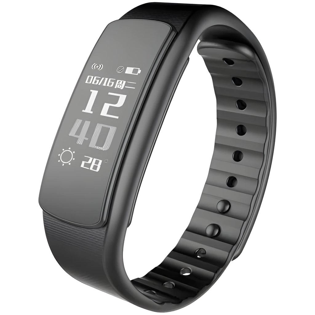 I6 smart sports bracelet with black TPU wristband and 0.96 inch touchscreen displaying health data.
