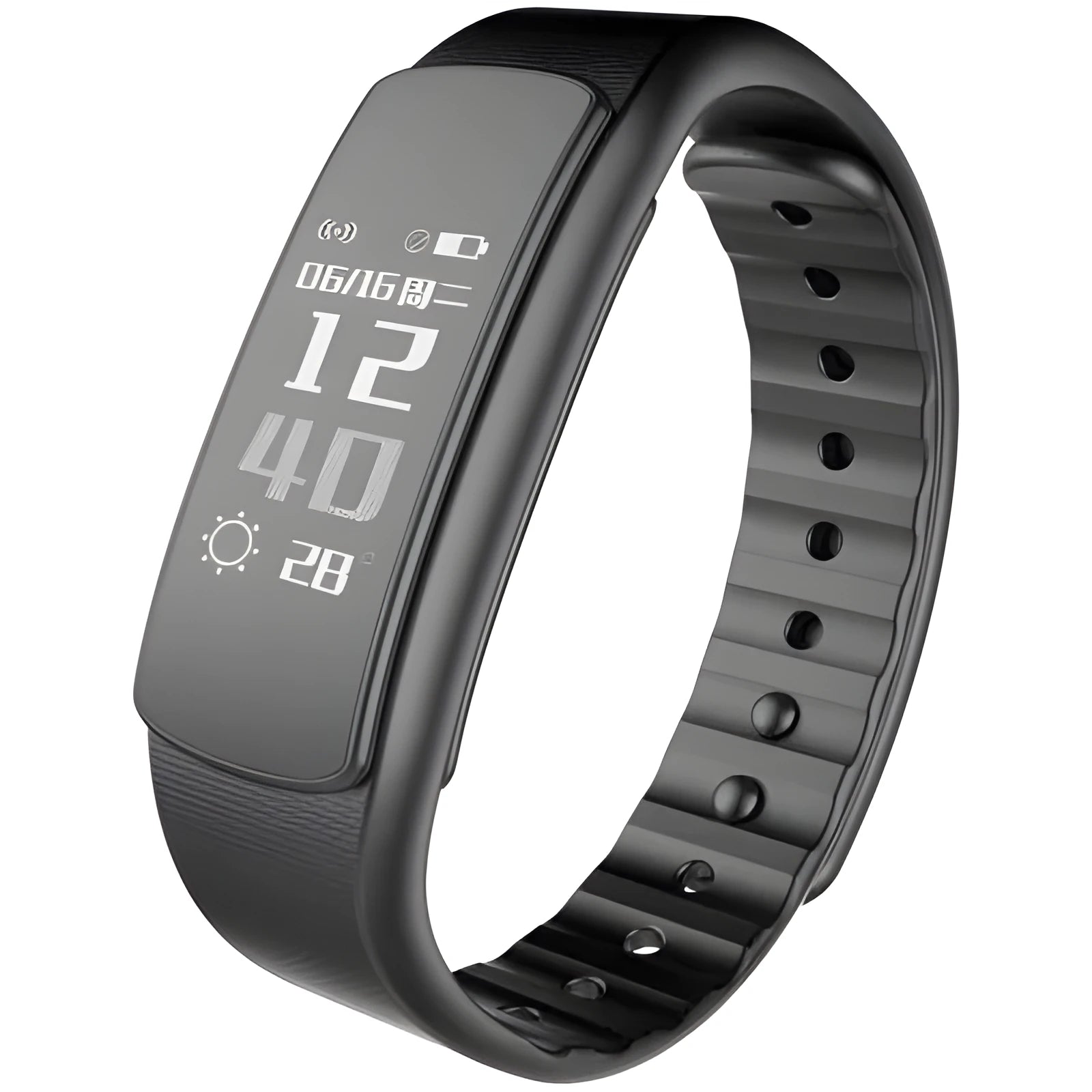 I6 smart sports bracelet with black TPU wristband and 0.96 inch touchscreen displaying health data.
