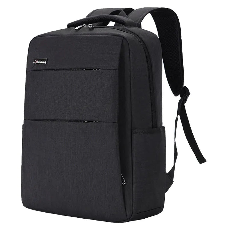Black waterproof rechargeable backpack for a laptop, showing shoulder straps and a USB charging port.