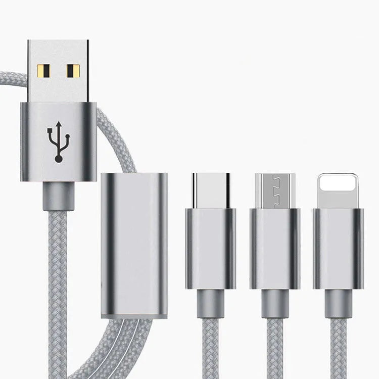 Three-in-one mobile phone charging cable with 1.2m length in multiple colour options