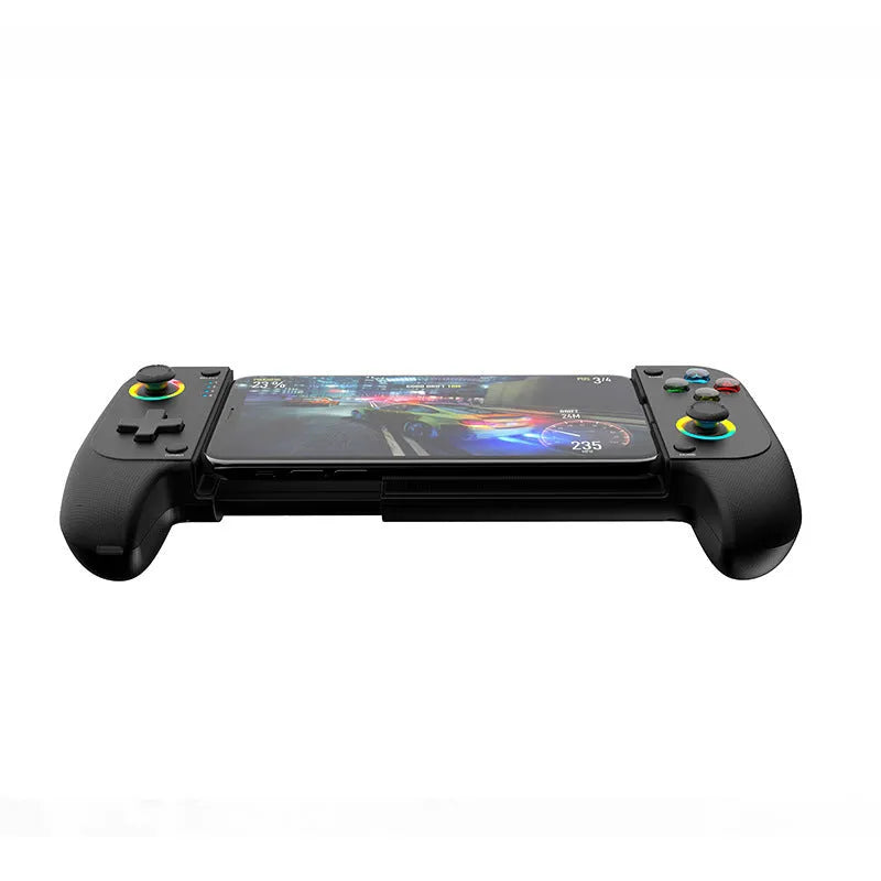 Bluetooth wireless stretching game controller for mobile phones in black, red and blue, or white.