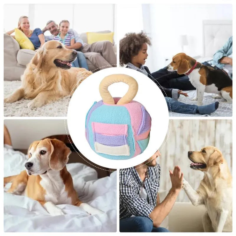 Green or pink polyester plush ball dog toy with treat pockets and a squeaker, shown next to dog treats.
