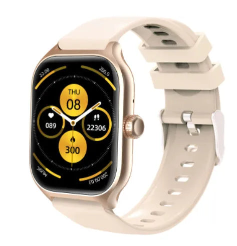 Gold smart watch with touch screen and silicone strap displaying health metrics