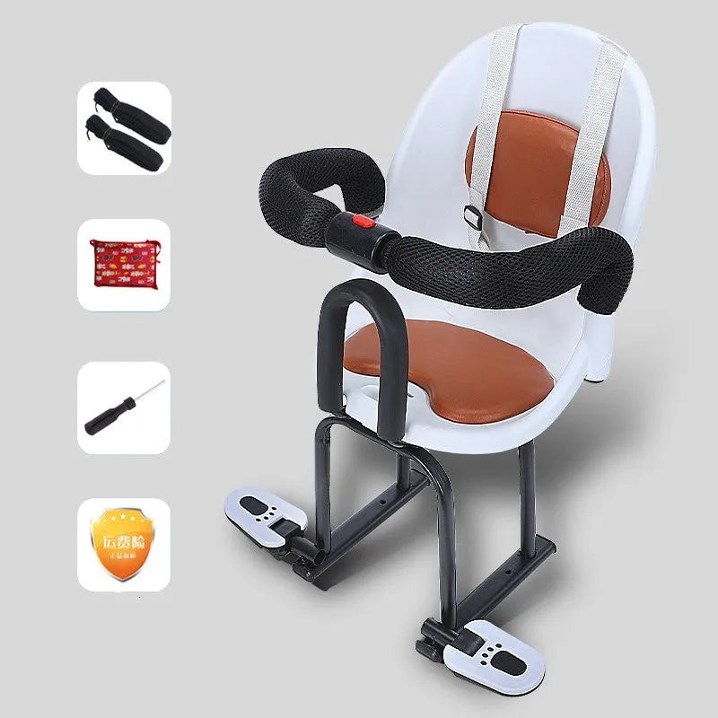 Front child safety seat for electric scooters with high carbon steel frame in black, red, or white colour