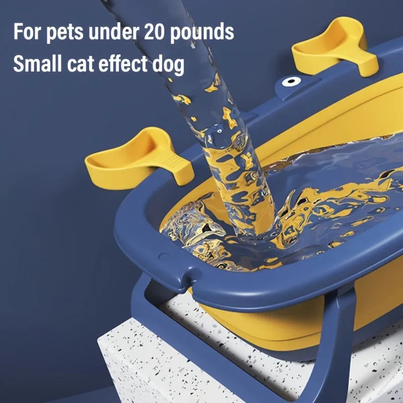 A blue foldable PVC pet bath tub for small dogs and cats.