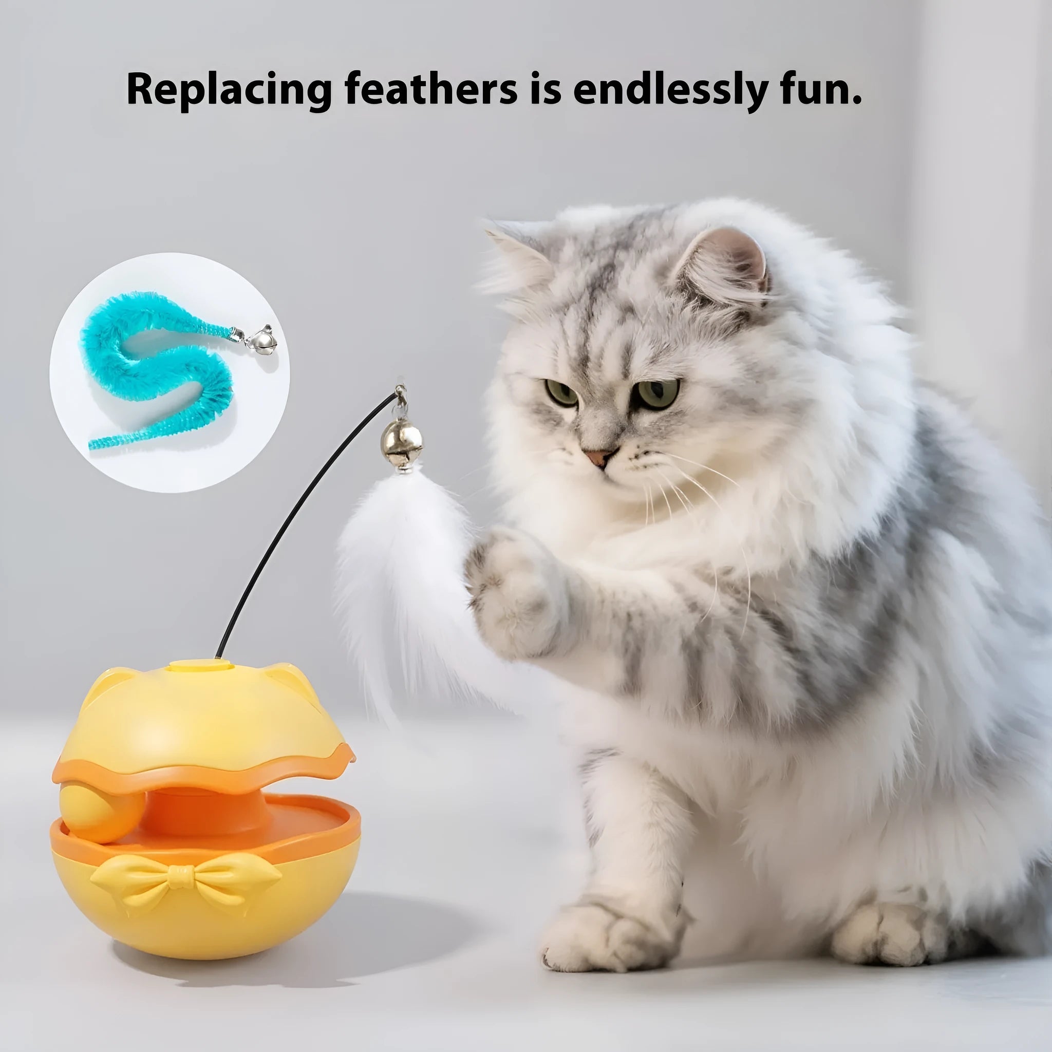 Electric cat toy tumbler in lemon yellow, sky blue, or soft fog grey showing self-moving plastic design