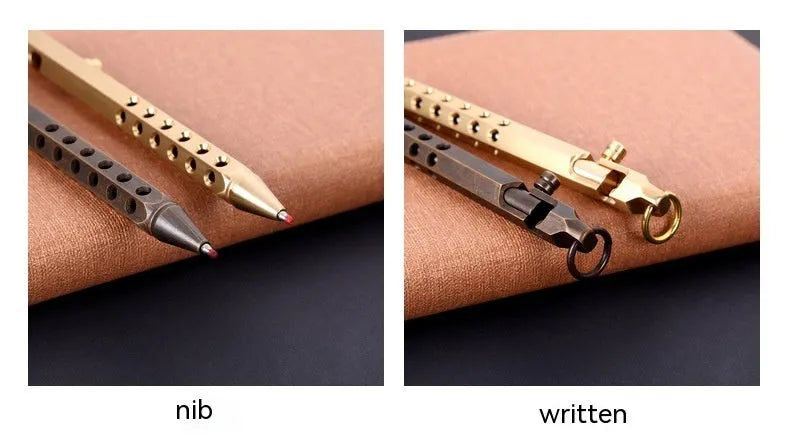 Retro brass hexagonal bolt pen with six-angle barrel design showing 13cm length and brass construction