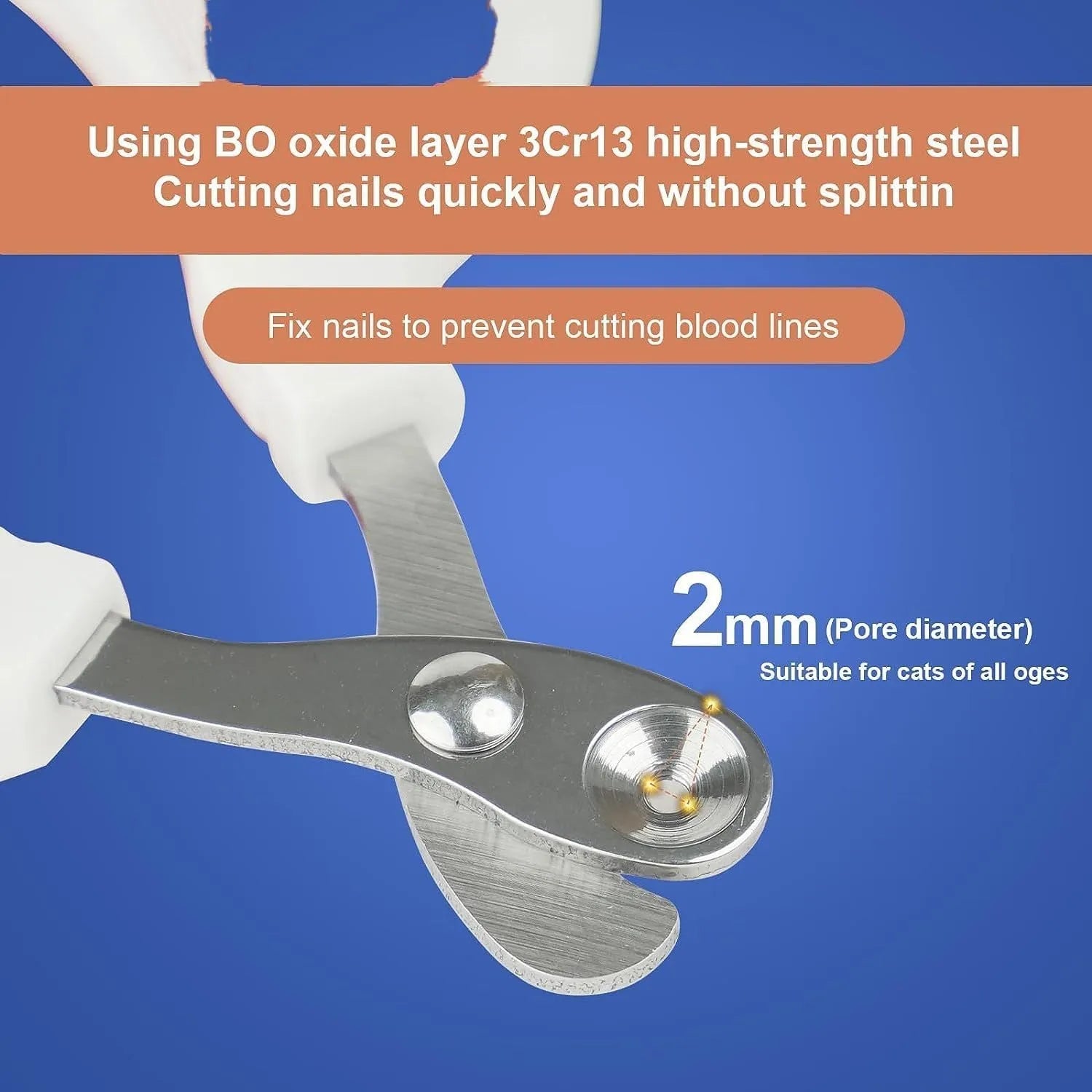 Blue cat nail clippers with circular hole and safety aperture for trimming pet nails