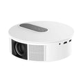 White 720p HD home projector with remote control on a table.