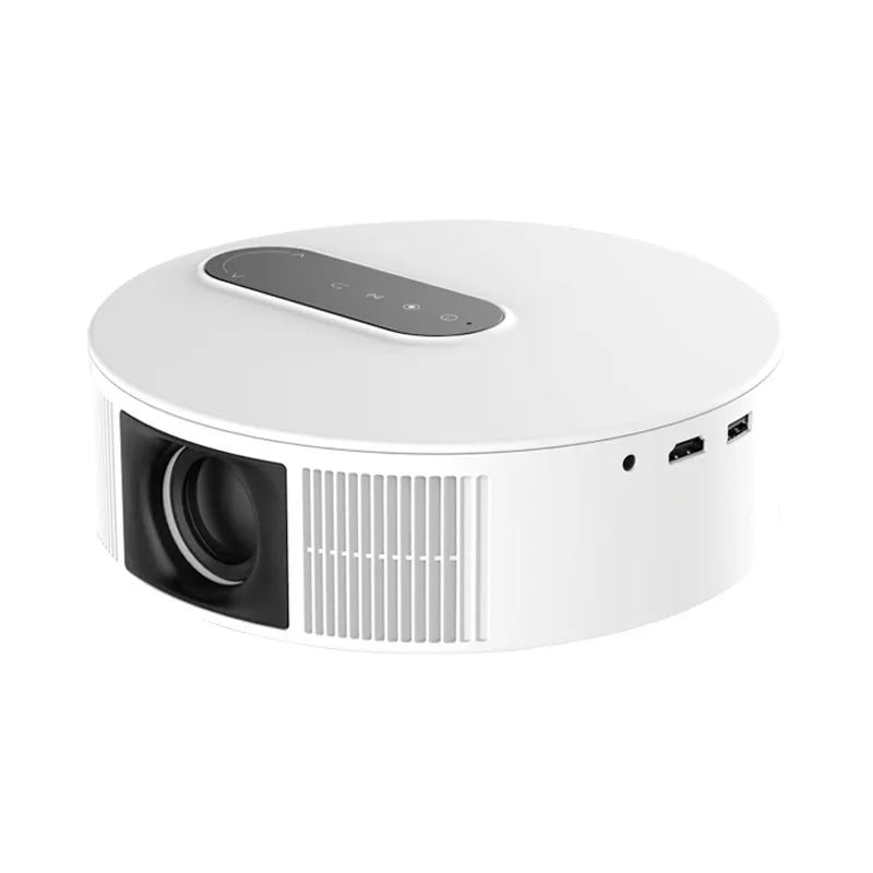 White 720p HD home projector with remote control on a table.