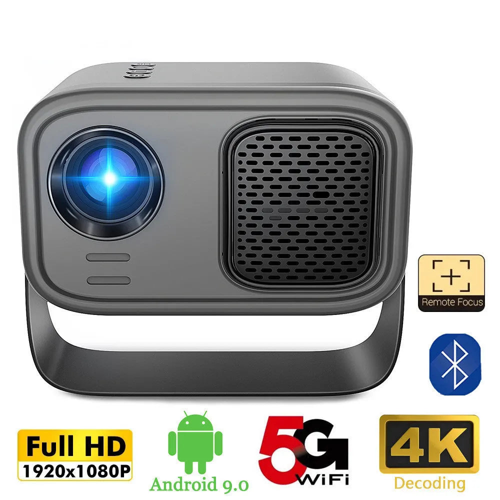 Black Android smart portable HD projector with remote control on table