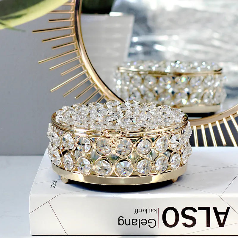 Crystal glass jewellery storage box with French gold metal frame and European design