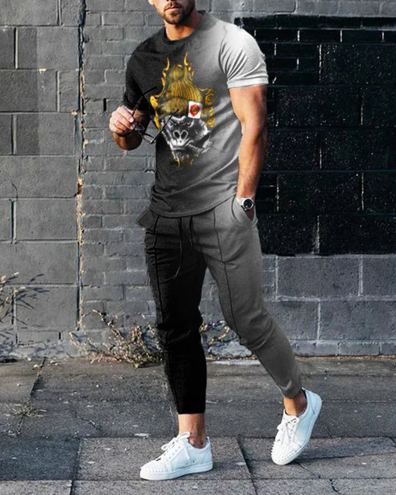 Men's short-sleeved round neck T-shirt and matching trousers set in a solid colour.