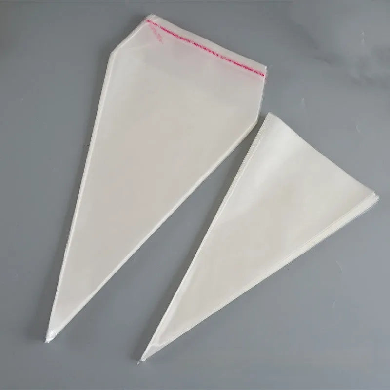 Transparent triangle-shaped plastic OPP bag with a silver tie wire closure, shown in a pack.