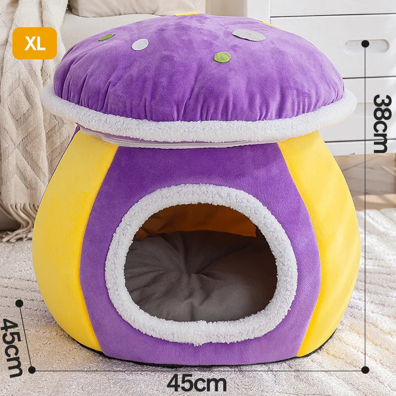 Grey plush mushroom-shaped cat nest with a detachable blanket, shown alongside pink and purple colour options.